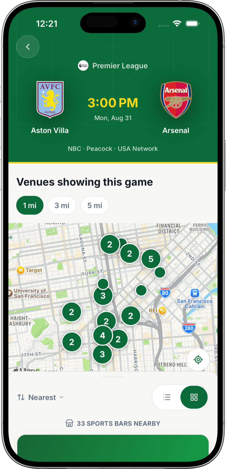 The app's match screen: Aston Villa vs Arsenal with a map of nearby venues showing the game